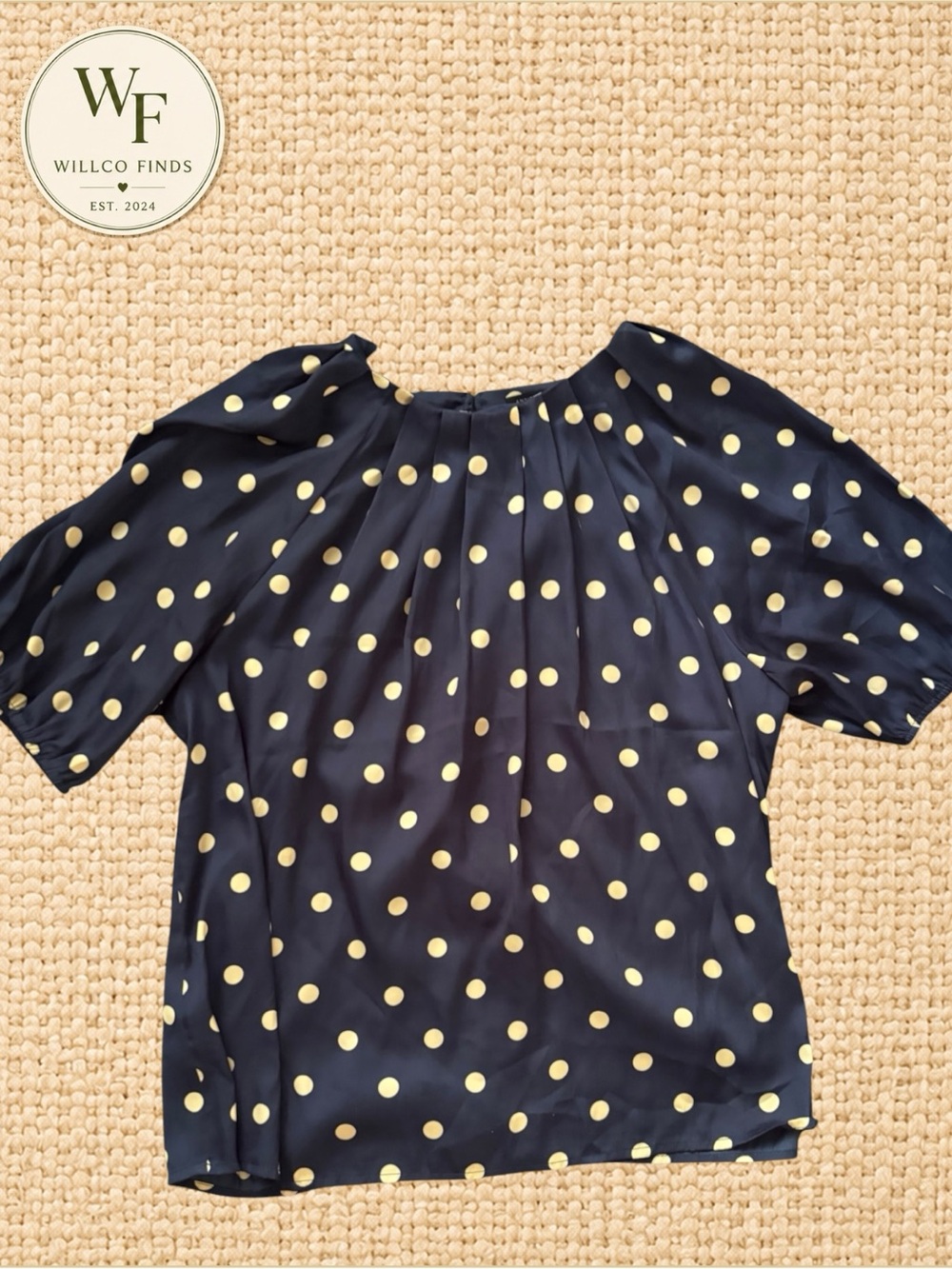 Ann Taylor Women’s Navy Polka Dot Puff Sleeve Blouse Size Small Pleated Neckline